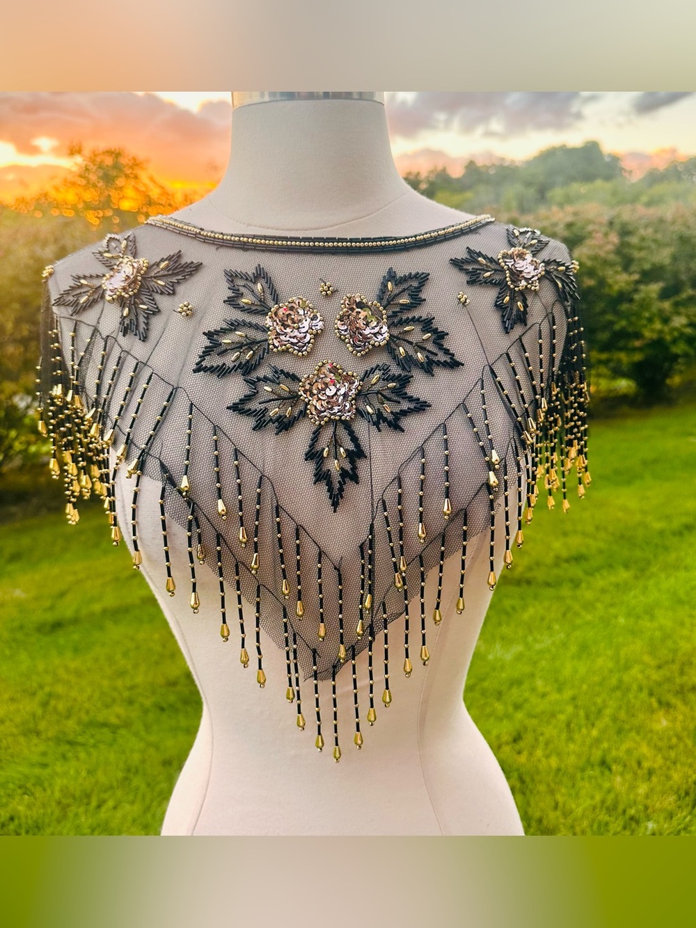 Fina Moda Vintage Beaded Black Mesh Caplet Collar Scarf with Fringe & Sequins